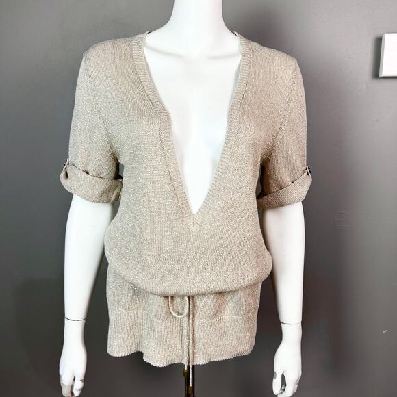 Massimo Dutti sweater Large lightweight linen belted v-neck blouson minimalist - Picture 3 of 14